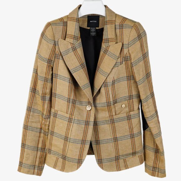 Chic Pre-Loved Smythe Tan & Navy Burlap Plaid Linen Duchess Blazer - Women's 2 - Picture 1 of 12